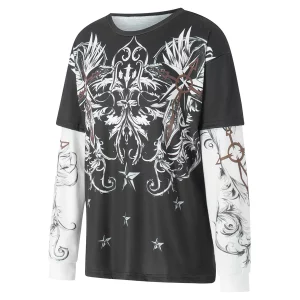 Vintage Gothic Graphic Print Patchwork Long Sleeve T-Shirt - Y2K Dark Academia Streetwear