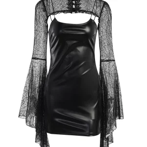 Vintage Gothic Punk Black Faux Leather Two-Piece Set - Flare Sleeve Crop Top & Bodycon Club Dress