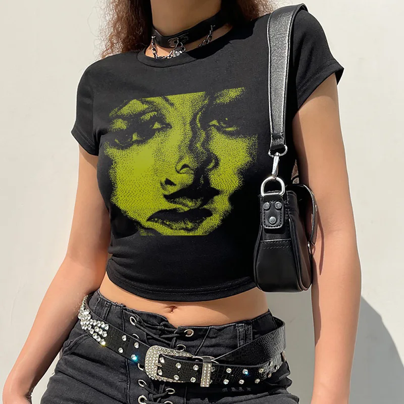 Vintage Graphic Print Y2K Slim Fit Crop Top - Punk Hip Hop Gothic Style