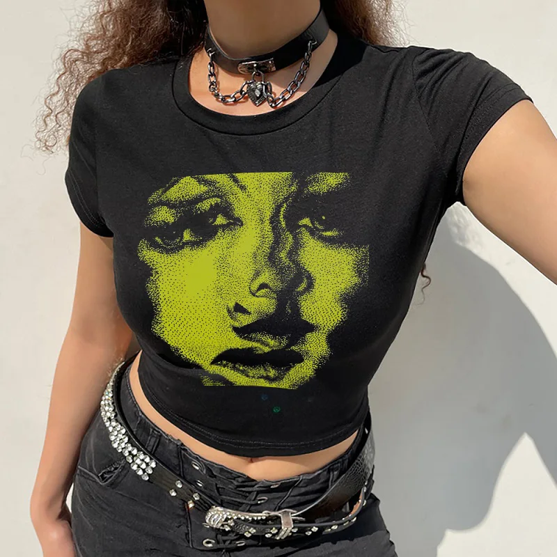 Vintage Graphic Print Y2K Slim Fit Crop Top - Punk Hip Hop Gothic Style