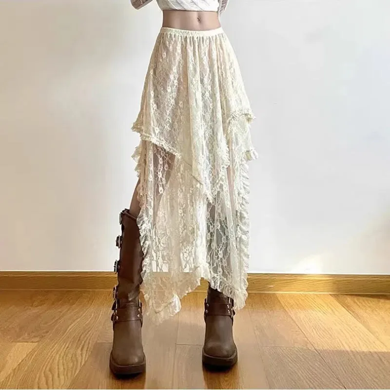 Vintage Lace Asymmetrical Skirt - Y2K Boho Aesthetic Fashion