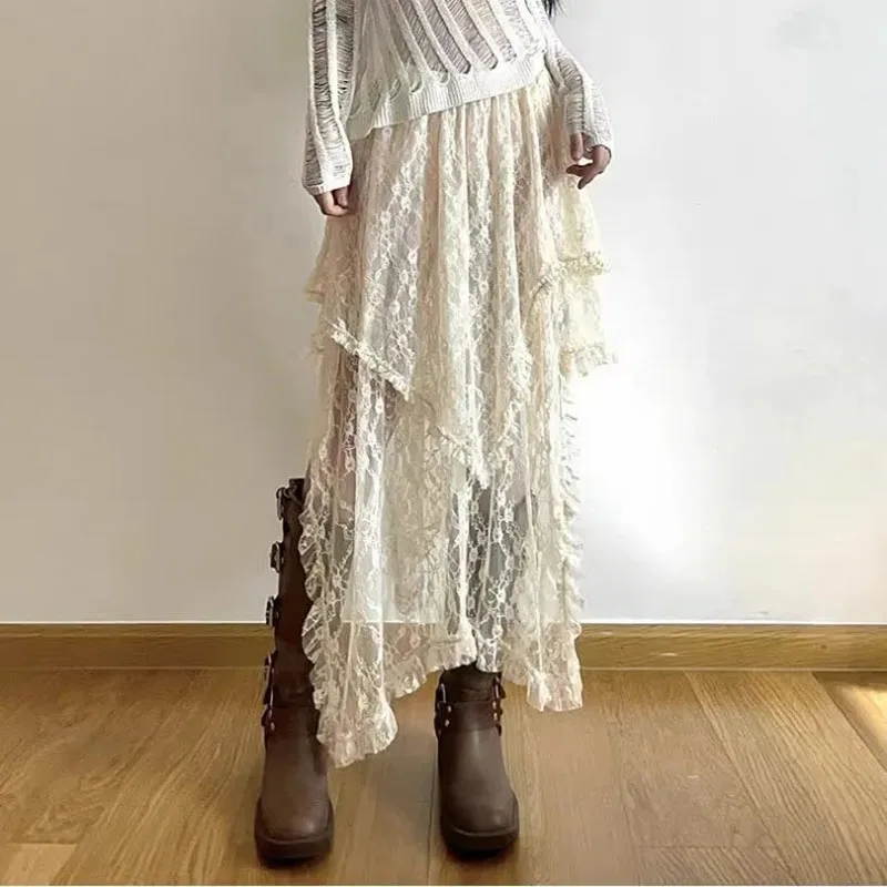 Vintage Lace Asymmetrical Skirt - Y2K Boho Aesthetic Fashion