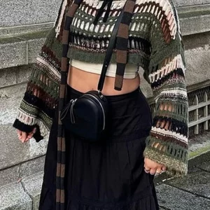 Vintage Patchwork Knitted Smock Top with Flare Sleeves - Grunge Style Crochet Jumper for Women