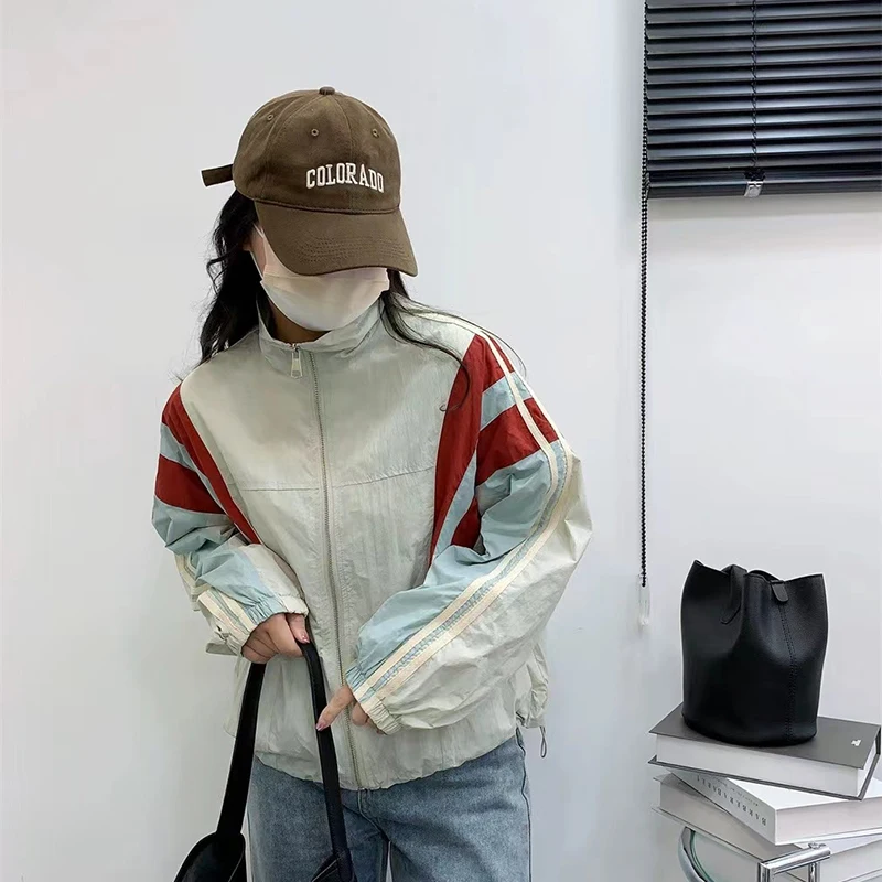 Vintage Patchwork Striped Women Jacket - Y2K Korean Oversize Stand Collar Zipper Windbreaker