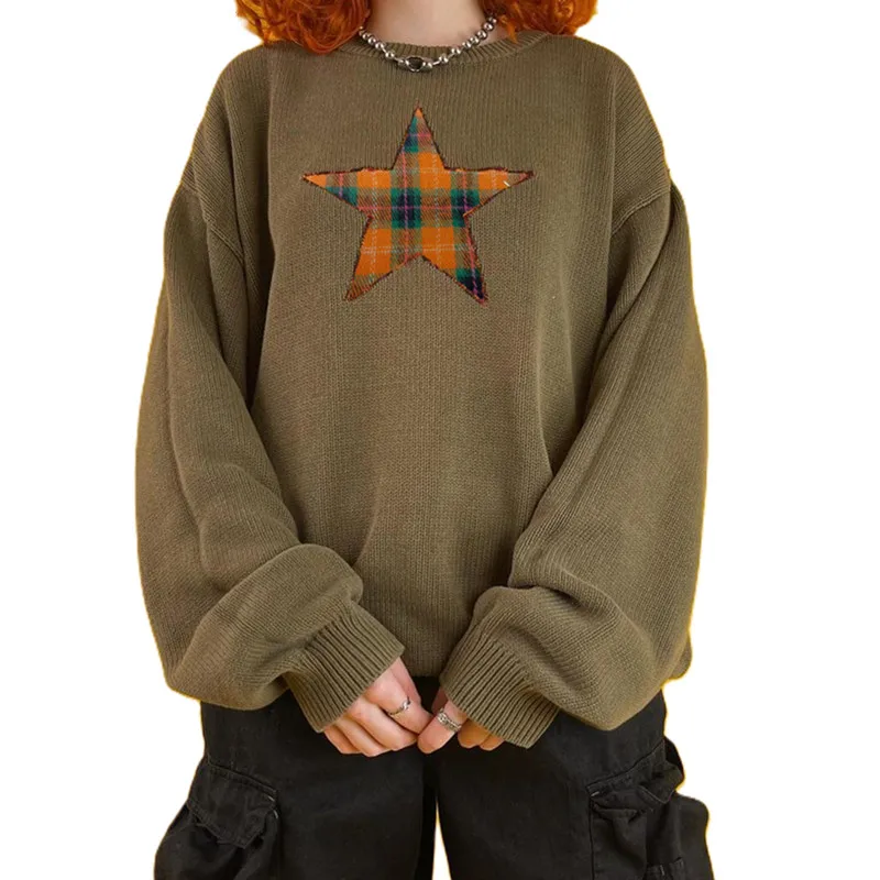 Vintage Star Print Sweater: Grunge Aesthetic Long Sleeve Knit Top for Women - Y2K Streetwear