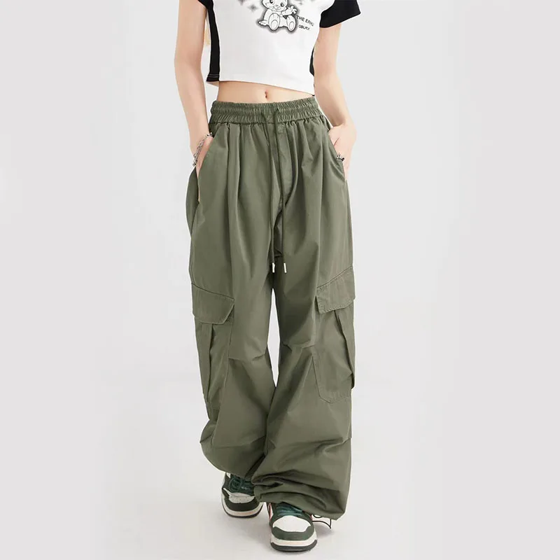 Vintage Streetwear Army Green Cargo Pants Women Y2K Loose Pocket Parachute Pants