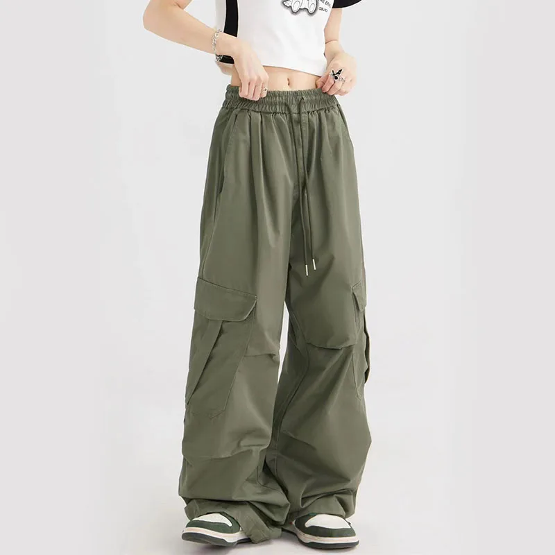 Vintage Streetwear Army Green Cargo Pants Women Y2K Loose Pocket Parachute Pants