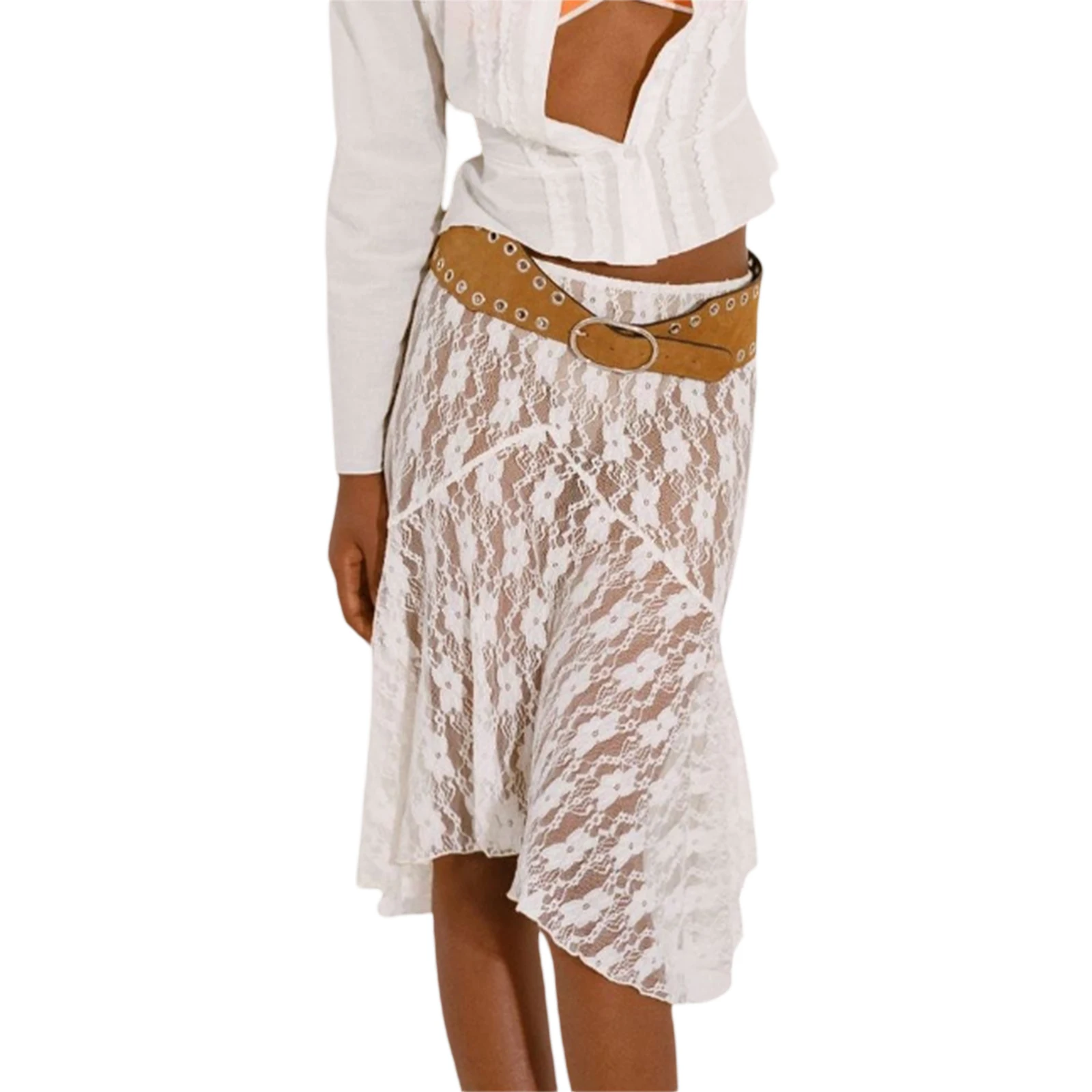 White Lace Floral Midi Skirt - Sheer Mesh Y2K Fairy Grunge Aesthetic Beachwear