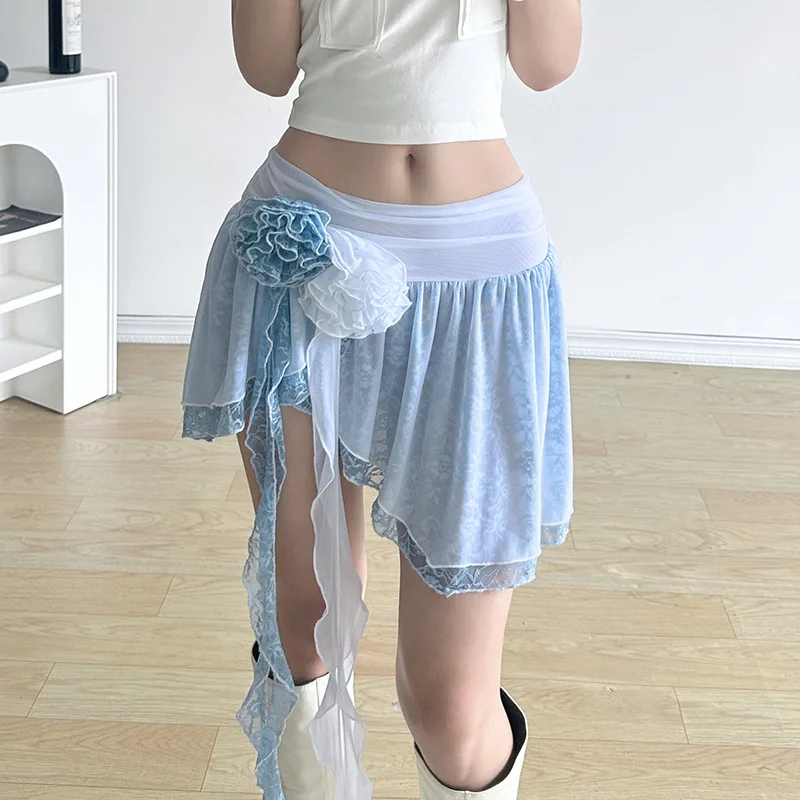 Y2K 3D Flower Lace Blue Mini Skirt - Asymmetrical Ruffle Slim Fit - High Street Sexy Women