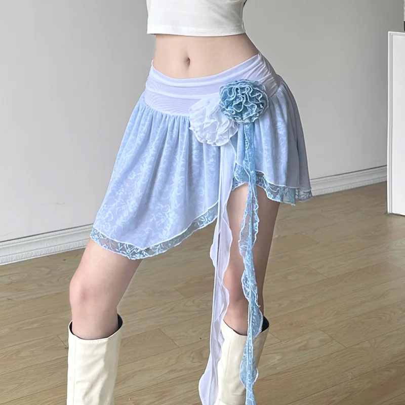 Y2K 3D Flower Lace Blue Mini Skirt - Asymmetrical Ruffle Slim Fit - High Street Sexy Women