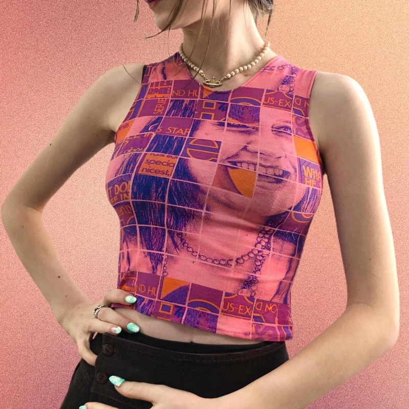 Y2k 90s Portrait Print Crop Top - Sleeveless Face Graphic Tie Dye Tank Top - E Girl Aesthetic