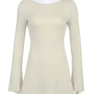 Y2K A-Line Flared Mini Dress: Solid U Neck Backless Long Sleeves Knitted Streetwear Chic