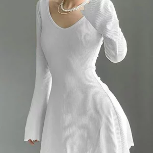 Y2K A-Line Flared Mini Dress: Solid U Neck Backless Long Sleeves Knitted Streetwear Chic