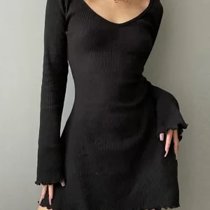 Y2K A-Line Flared Mini Dress: Solid U Neck Backless Long Sleeves Knitted Streetwear Chic