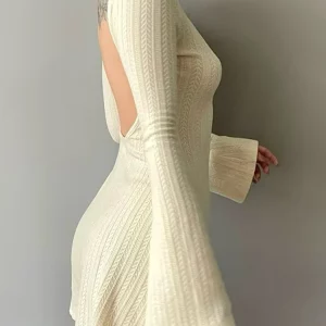 Y2K A-Line Flared Mini Dress: Solid U Neck Backless Long Sleeves Knitted Streetwear Chic