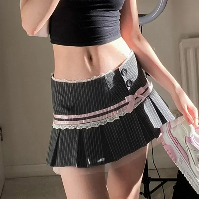 Y2K Academic Style Stripe Print Pleated Skirt - Aesthetic Lace Patchwork Streetwear