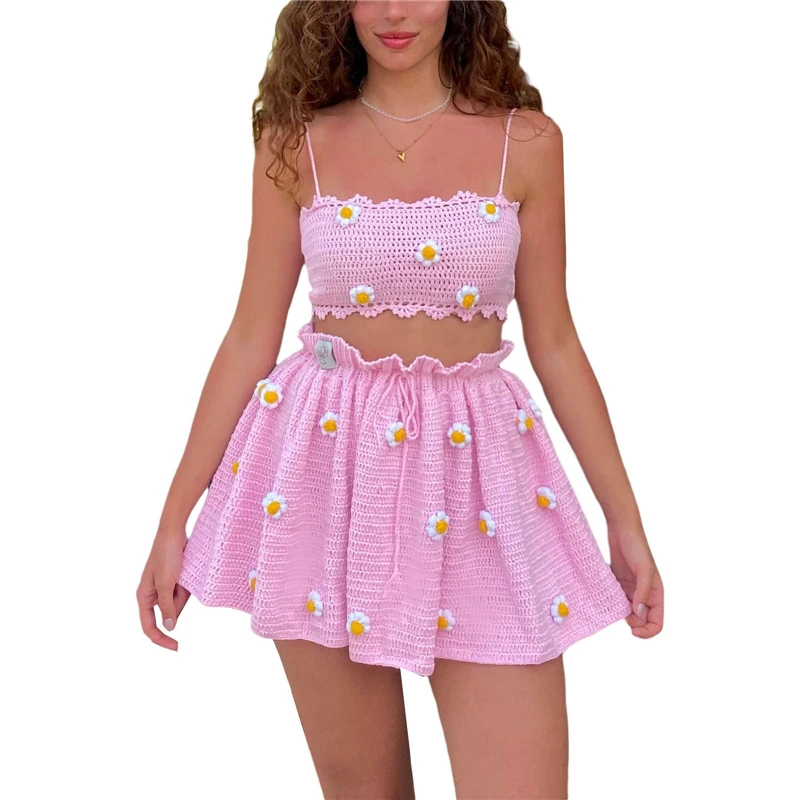 Y2K Aesthetic 3D Flower Crop Top and Mini Skirt Set - Summer Outfit