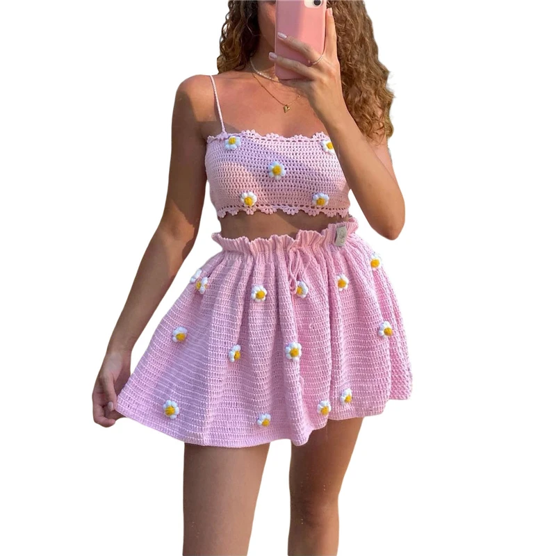 Y2K Aesthetic 3D Flower Crop Top and Mini Skirt Set - Summer Outfit