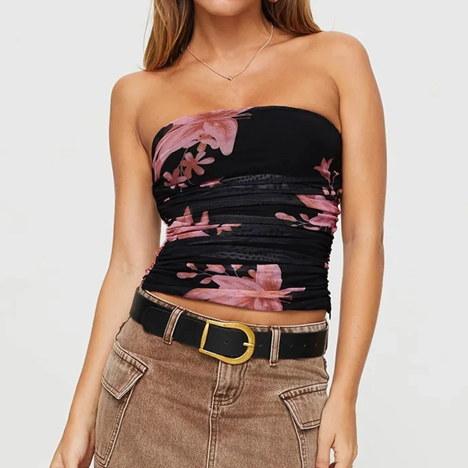 Y2K Aesthetic Backless Crop Tops - Floral Print Ruched Pleated Slim Fits