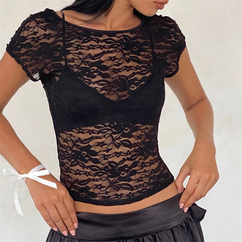 Y2K Aesthetic Black Sheer Lace Top - Open Back Tank for Women