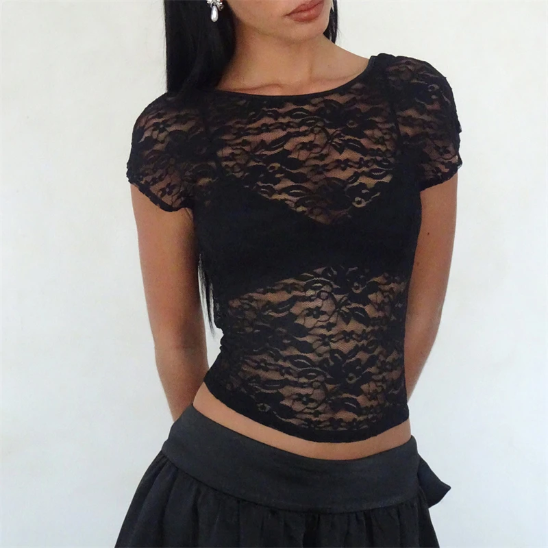 Y2K Aesthetic Black Sheer Lace Top - Open Back Tank for Women