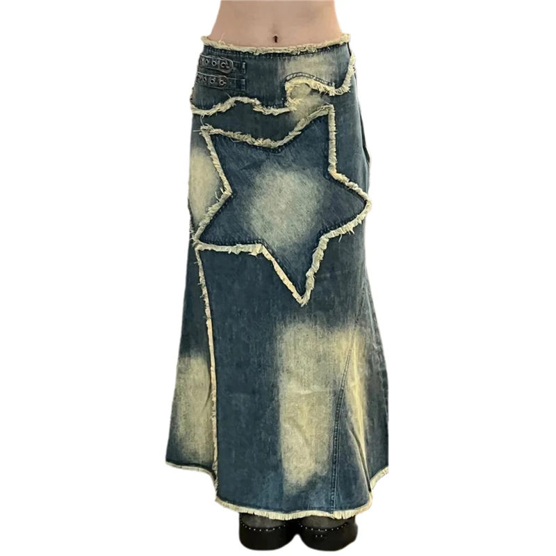 Y2K Aesthetic Denim Skirt with Grunge Fairycore Pentagram Pattern