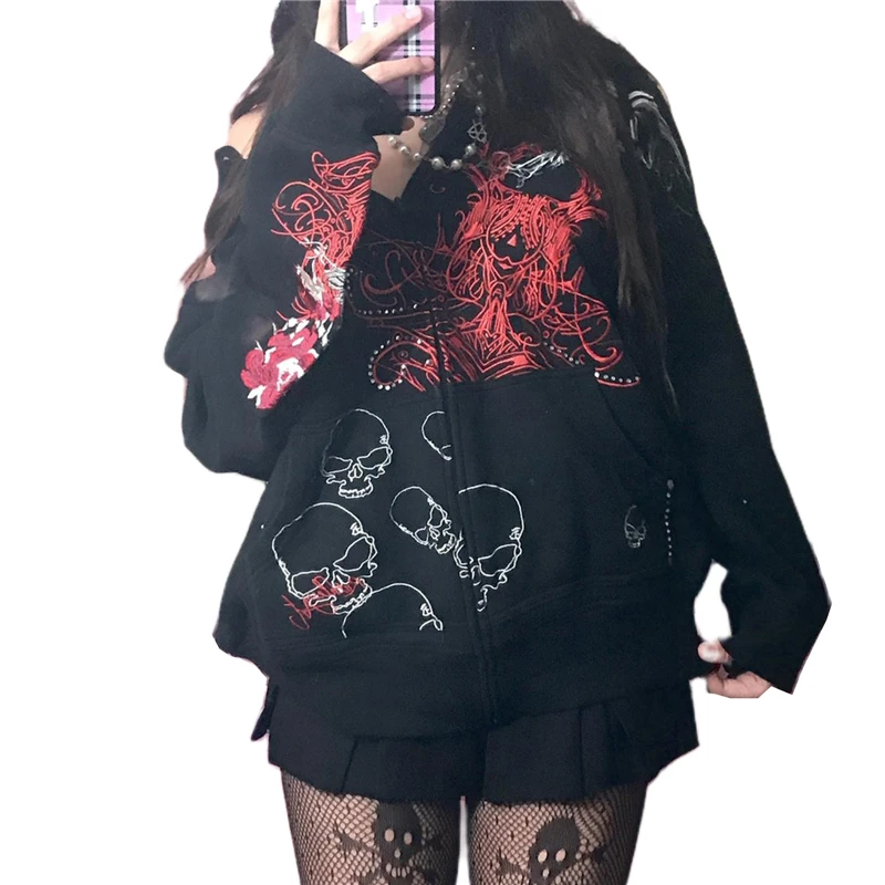 Y2K Aesthetic Emo Coat with Gothic Punk Style - Graphic Skull Pattern Long Sleeve Top