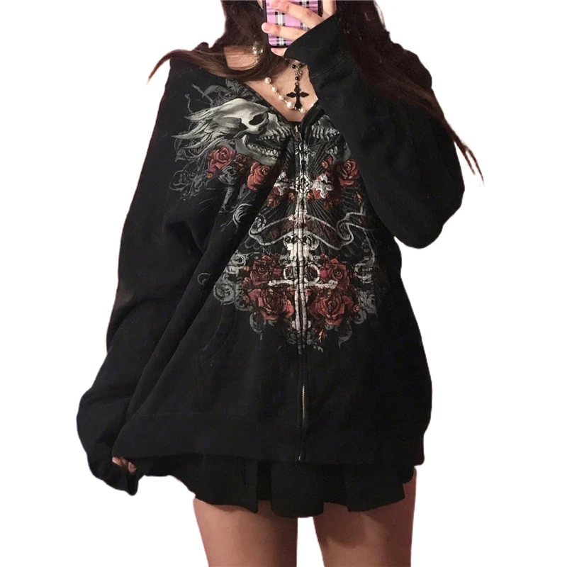 Y2K Aesthetic Emo Coat with Gothic Punk Style - Graphic Skull Pattern Long Sleeve Top