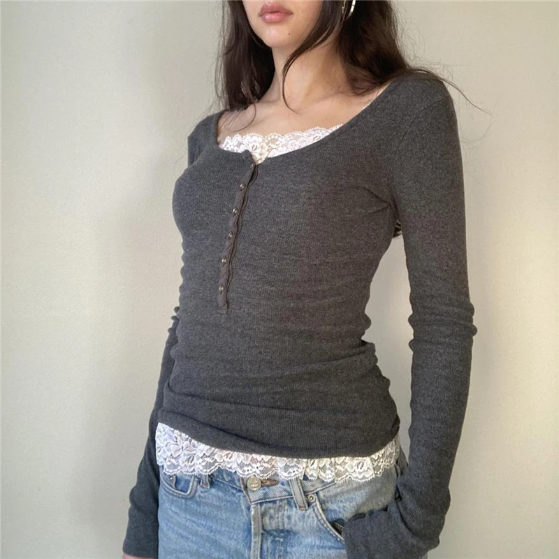 Y2K Aesthetic Fairy Grunge Top: Vintage Lace Patchwork Long Sleeve T-Shirt