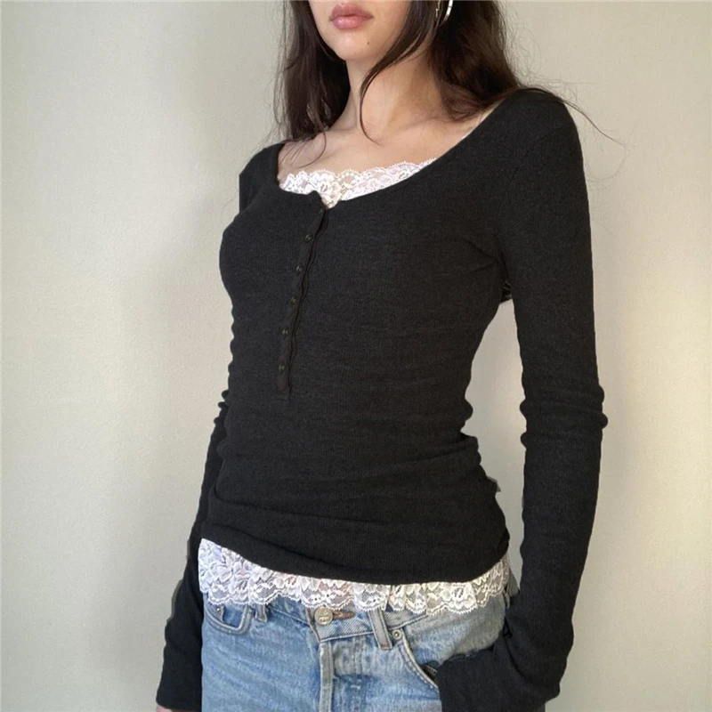 Y2K Aesthetic Fairy Grunge Top: Vintage Lace Patchwork Long Sleeve T-Shirt