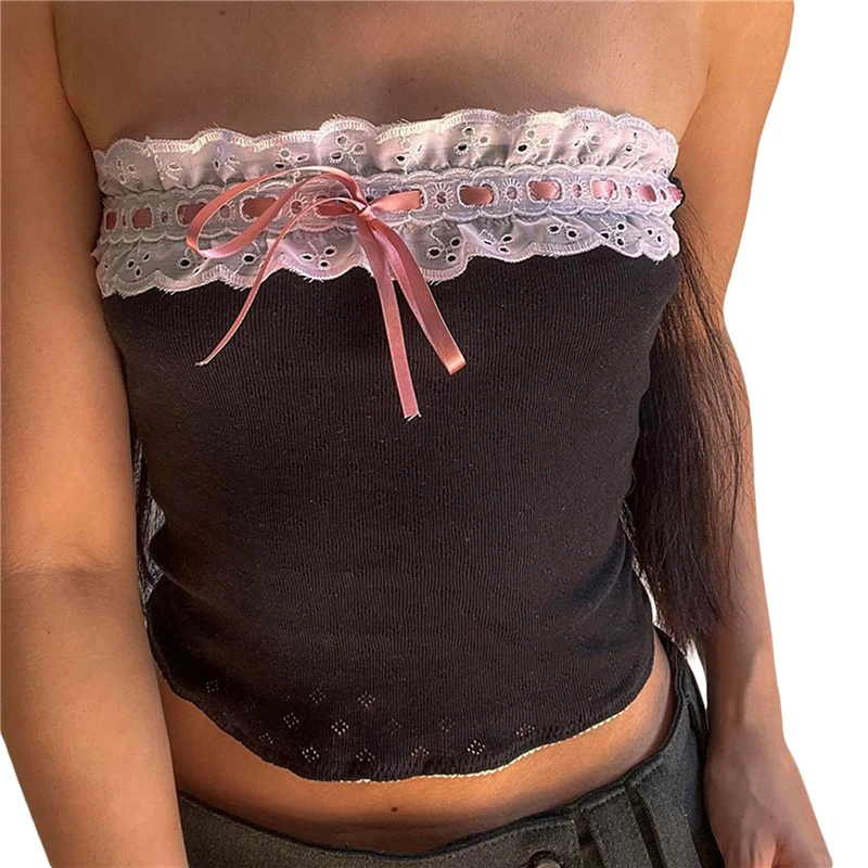 Y2K Aesthetic Fairycore Grunge Crop Top - Lace Patchwork Off-Shoulder Strapless Bandeau Vest