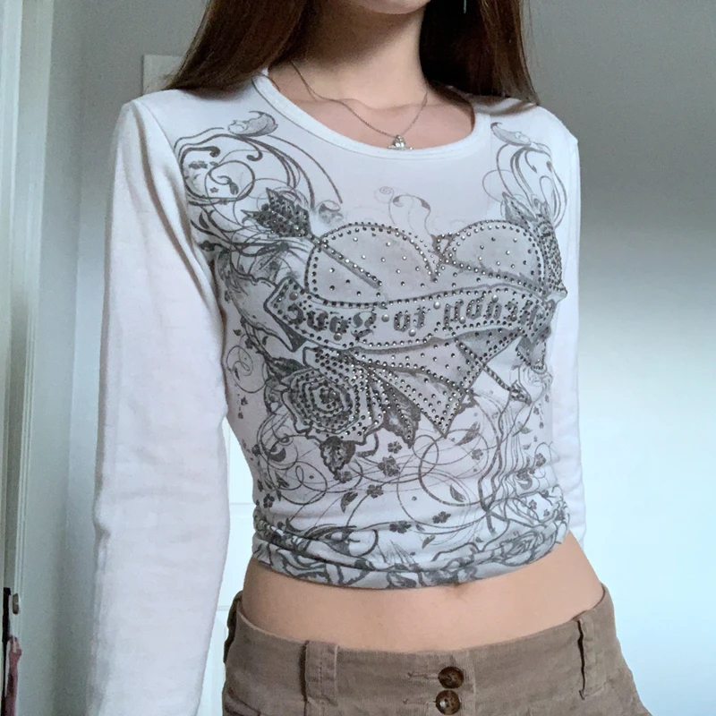 Y2k Aesthetic Fairycore White Cartoon Long Sleeve Top - Women's Casual O-Neck Pullover