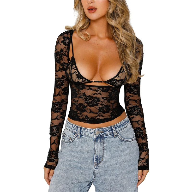 Y2K Aesthetic Floral Lace Long Sleeve Crop Top - Grunge Streetwear