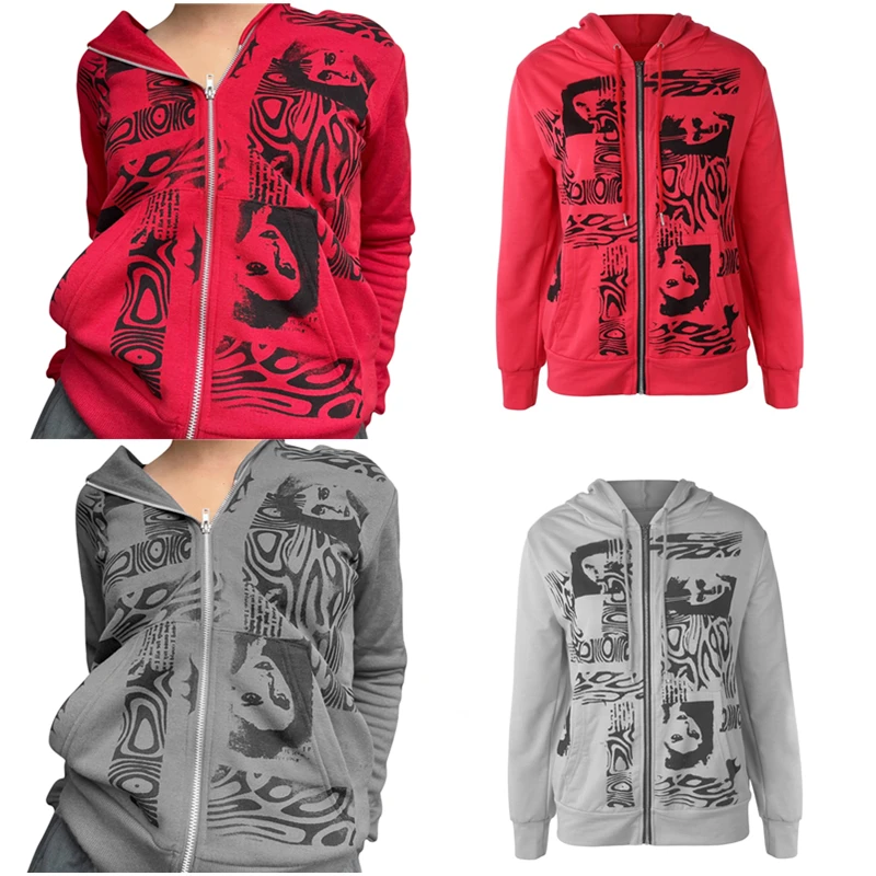 Y2K Aesthetic Full Zip Hoodie with Portrait Print - Women's Streetwear Sweatshirt