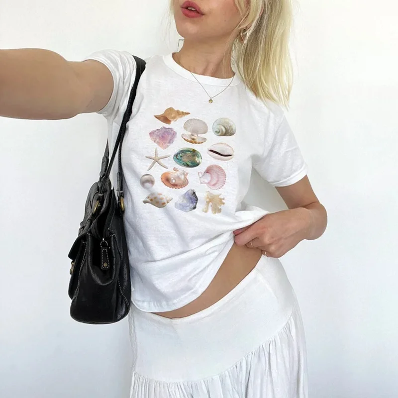 Y2K Aesthetic Graphic Crop Top - Cute Printed Round Neck Tee