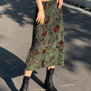 Y2K Aesthetic Grunge Floral Print Long Skirt - Vintage Preppy Style