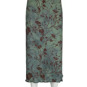 Y2K Aesthetic Grunge Floral Print Long Skirt - Vintage Preppy Style