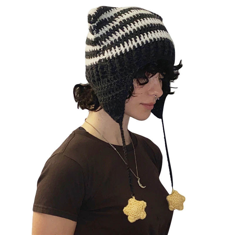 Y2K Aesthetic Grunge Goth Cat Ear Beanie - Striped Crochet Hat for Women