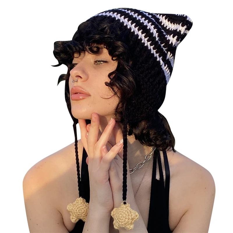 Y2K Aesthetic Grunge Goth Cat Ear Beanie - Striped Crochet Hat for Women