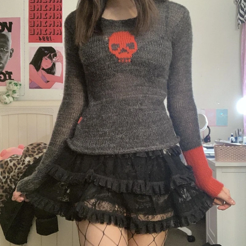 Y2K Aesthetic Grunge Skull Pattern Sweater - Punk Gothic Streetwear