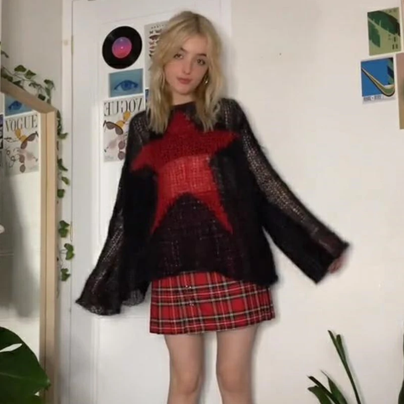 Y2K Aesthetic Grunge Sweater with Pentagram Pattern - Fairycore Hollow Out Crochet Knitwear