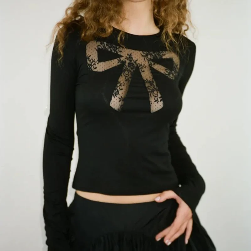 Y2K Aesthetic Hollow Out Bow Pattern Long Sleeve T-Shirt - Fairycore Top