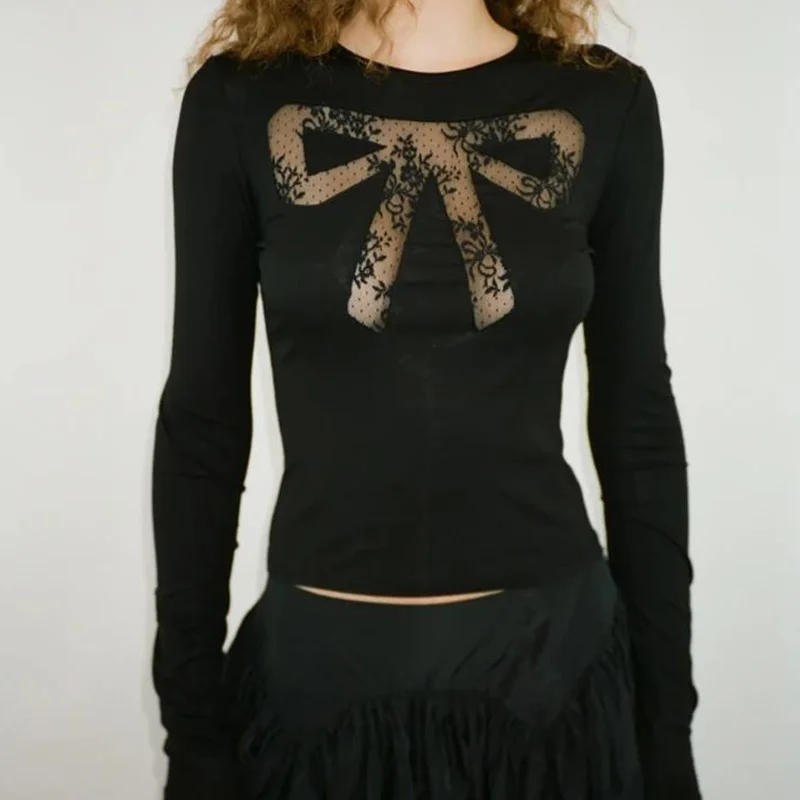 Y2K Aesthetic Hollow Out Bow Pattern Long Sleeve T-Shirt - Fairycore Top