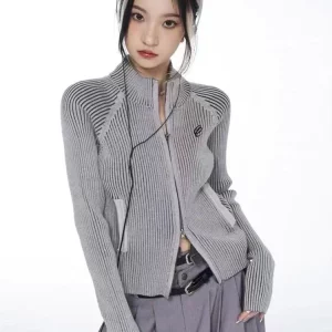 Y2K Aesthetic Knitted Zipper Cardigan - Crop Sweater Jacket