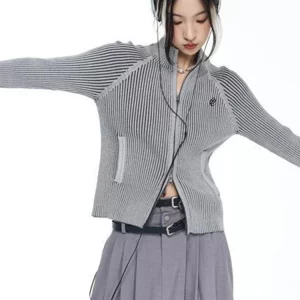 Y2K Aesthetic Knitted Zipper Cardigan - Crop Sweater Jacket