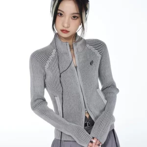 Y2K Aesthetic Knitted Zipper Cardigan - Crop Sweater Jacket