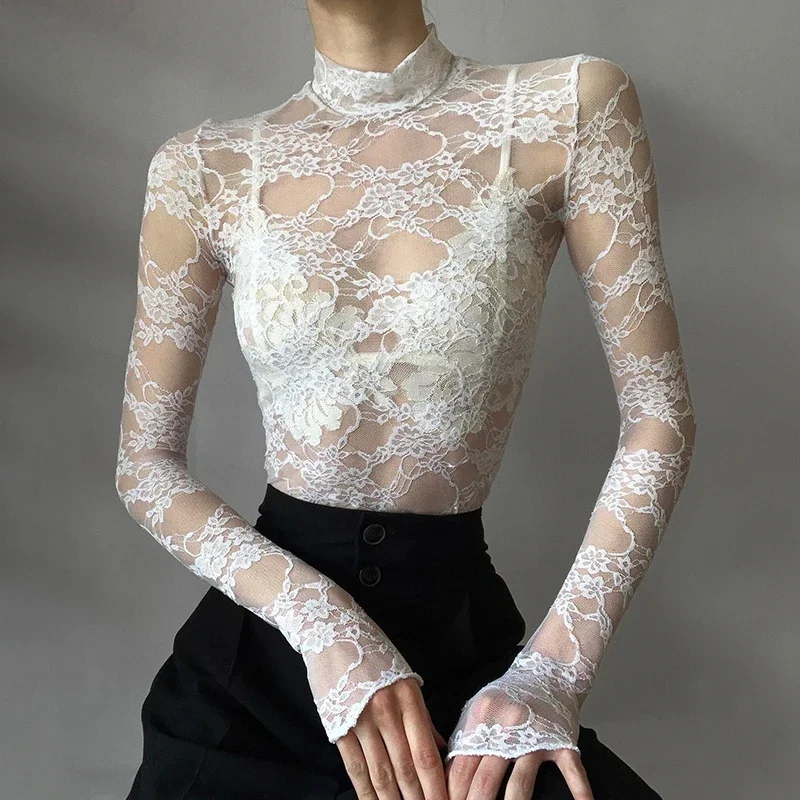 Y2K Aesthetic Lace Crop Top - Elegant and Sexy White Long Sleeve Slim Fit Tee