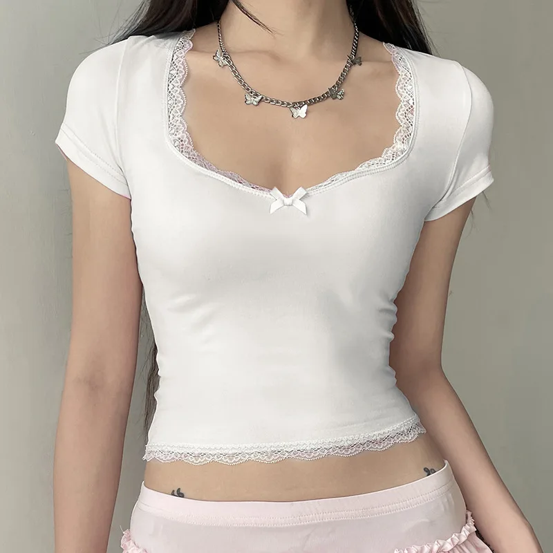 Y2K Aesthetic Lace Cropped Top - Summer Short Sleeve T-shirt for Women