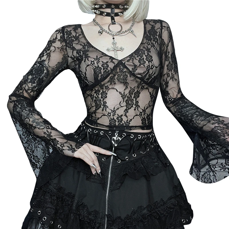 Y2K Aesthetic Lace Flared Sleeve Top - Cyber Goth Grunge Streetwear