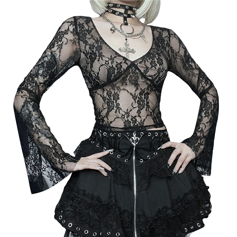 Y2K Aesthetic Lace Flared Sleeve Top - Cyber Goth Grunge Streetwear